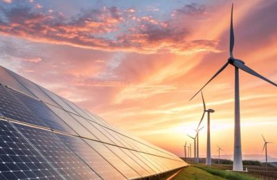 Solar panels and wind turbines stand tall under a dramatic sunset sky, symbolizing clean renewable energy and a sustainable future landscape against a vibrant golden hour light.